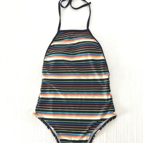 New Striped Halter Retro One Piece Swim Body Suit - Picture 4 of 7
